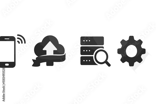 Various technology icons representing mobile connectivity, cloud storage, data servers, search functionality, and settings adjustments