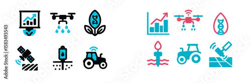 Agricultural technology icons illustrating innovation in farming practices and data analysis for crop management