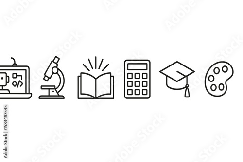 Educational symbols representing various subjects and tools used in academic settings for students learning