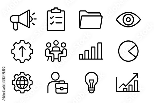 Minimalist business icons with dark background for corporate and marketing themes