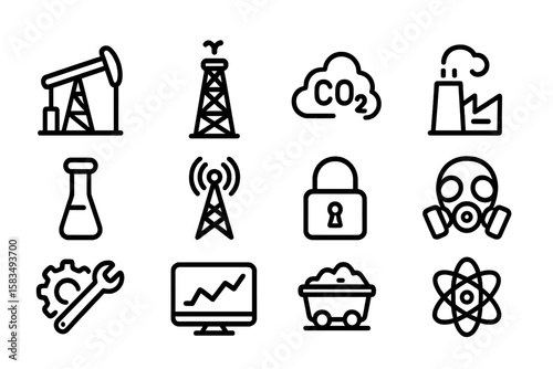 Industrial icons set: oil rig, co2, factory, gas mask, laboratory equipment