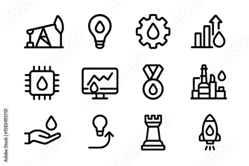 Set of linear oil industry icons featuring innovation and growth