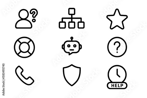 Minimalist icons set: communication, support, and security symbols in dark theme