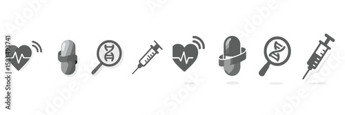 Medical icons representing health, medication, and research concepts in monochrome design