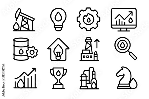 Linear energy icons: oil, gas, and renewable symbols on dark background