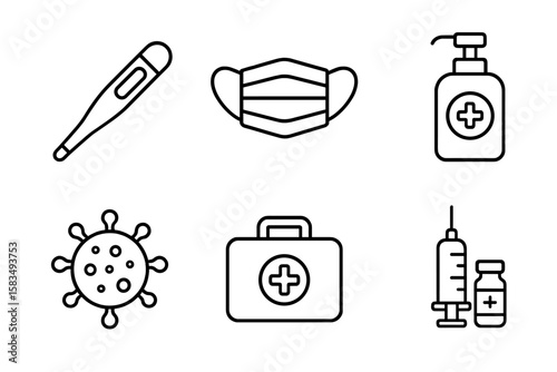 Healthcare symbols illustrating pandemic safety measures and health essentials in a clean graphic style