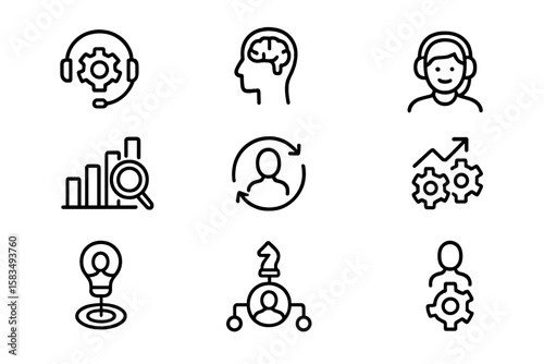 Business and technology icons: strategy, support, growth, innovation, brainstorming