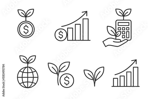 Financial growth and sustainability symbols featuring plants and charts for eco-friendly investments
