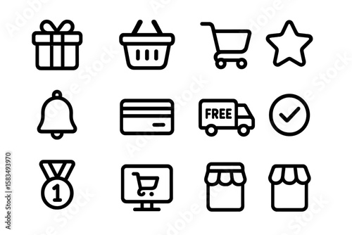 E-commerce icon set with shopping cart, gift, and credit card in outline style