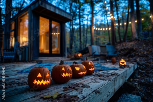 Halloween Jack-o’-Lanterns on a Cozy Forest Cabin Deck at Dusk