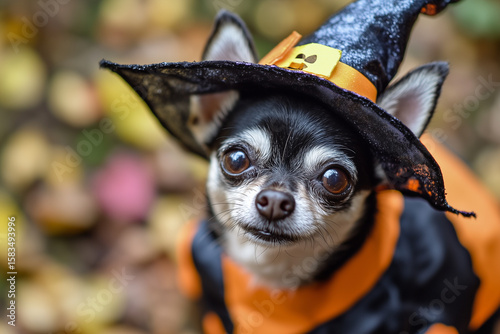 Black Chihuahua in a pet witch costume for Halloween
