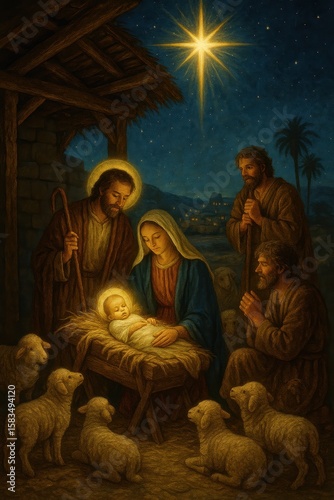 A Nativity Scene in Bethlehem with the Holy Family and Shepherds