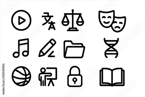 Modern flat icons: entertainment, education, and security symbols set