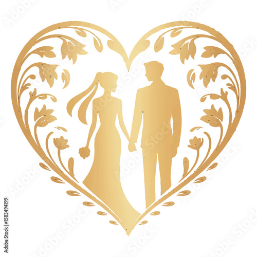 Elegant gold silhouette of a bride and groom holding hands within a decorative floral heart frame symbolizing love and marriage