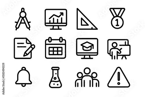 Education icon set: simple black linear design with academic symbols
