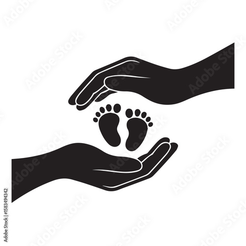 Gentle black silhouette of cupped hands protectively cradling tiny baby footprints symbolizing care and new life