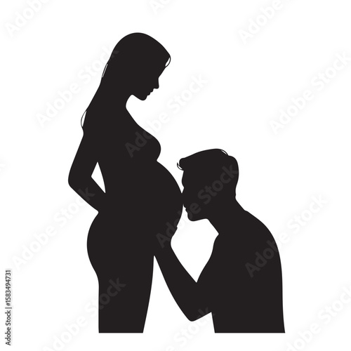 Silhouette of a pregnant woman with her partner kissing her baby bump symbolizing love family and anticipation of new life