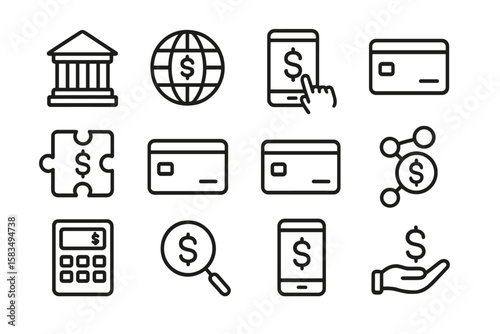 Financial icon set featuring linear bank, technology, and money management symbols
