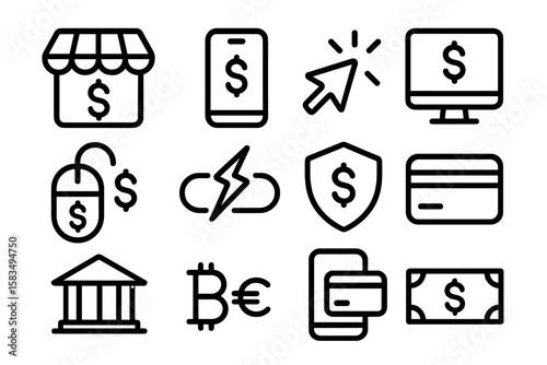 Minimalist black icons for online payment and banking on dark background