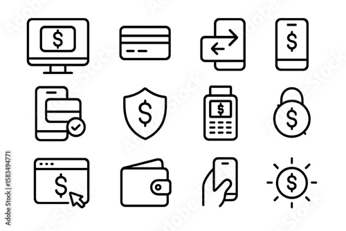 Modern linear finance icons for digital payments and secure transactions