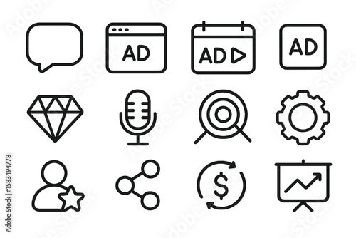 Monochrome business icon set featuring marketing tools and social media symbols