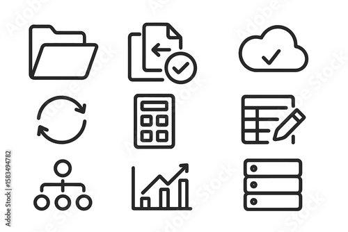 Minimalist black line icons for cloud data management and analysis
