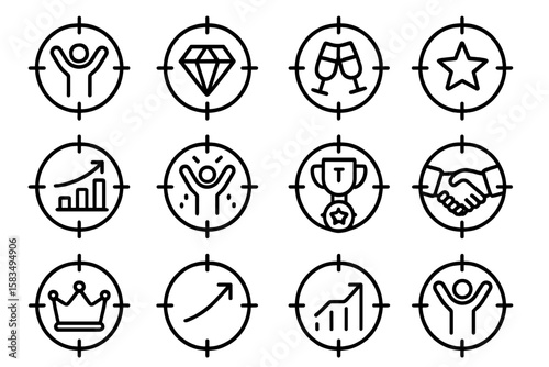 Black and white circle target icons for business goals and achievements
