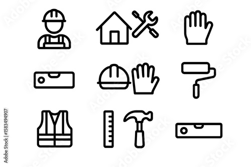 Construction tools and safety equipment icons in linear style