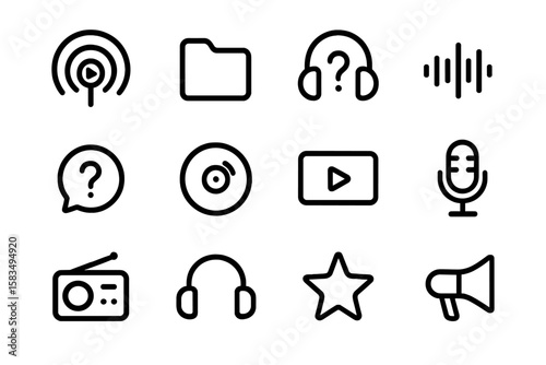 Dark mode media icons: minimalist silhouette set for digital interfaces