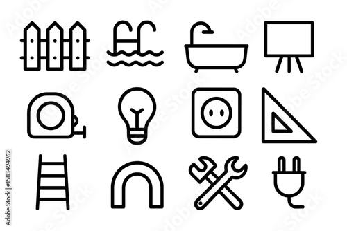 Minimalist linear icons of home and garden tools and objects on dark background