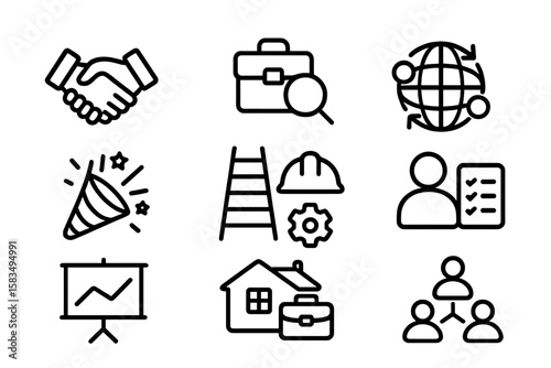 Business outline icons: global connections, success, teamwork, and growth