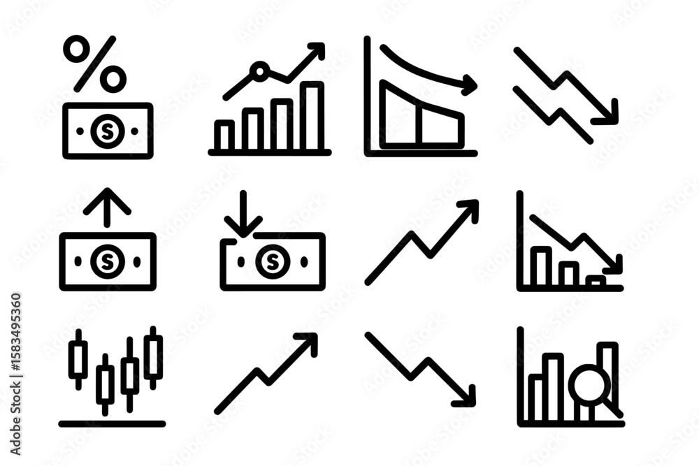 Obraz premium Financial market symbols set featuring linear market trends and graphs