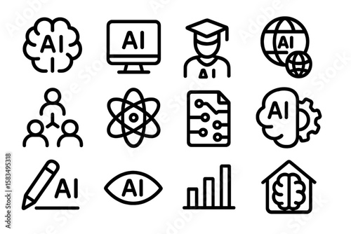 Ai technology icons set featuring brain, computer, graduate, and global symbols in line art style