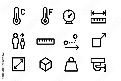 Minimalist measurement icon set including thermometers, gauge, ruler, and scale symbols