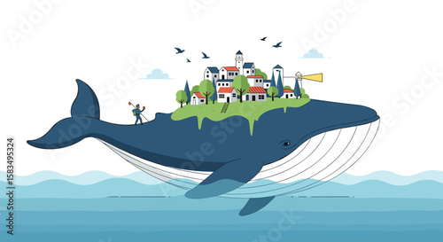A giant blue whale carries a picturesque village upon its mighty back