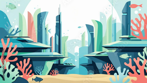 Vector Illustration of a Futuristic Underwater City with Marine Life
