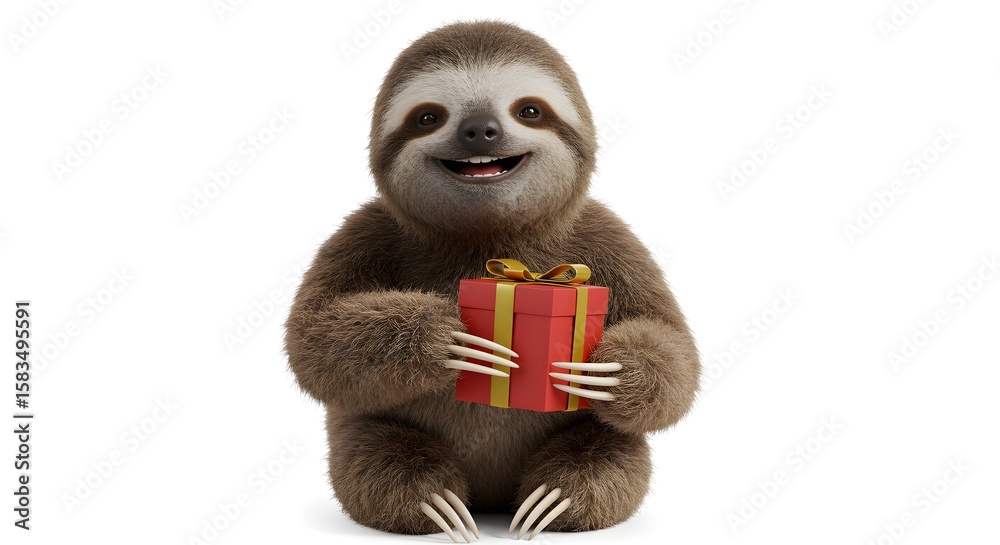 Happy Sloth Holding Gift Box, Isolated on White Happy Sloth Holding Gift Box, Isolated on White