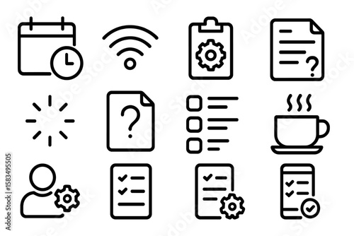 Linear icons for office and productivity: wifi, calendar, checklist, gear, coffee