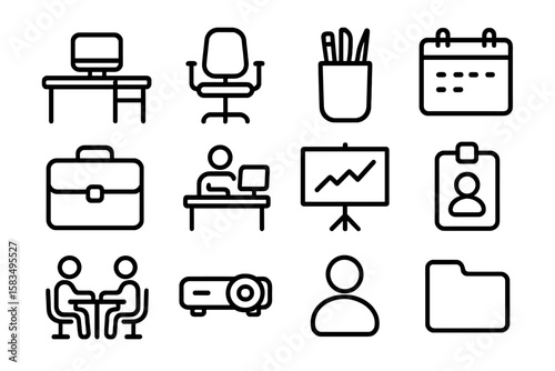 Minimalist office icon set with black linear design on gray background