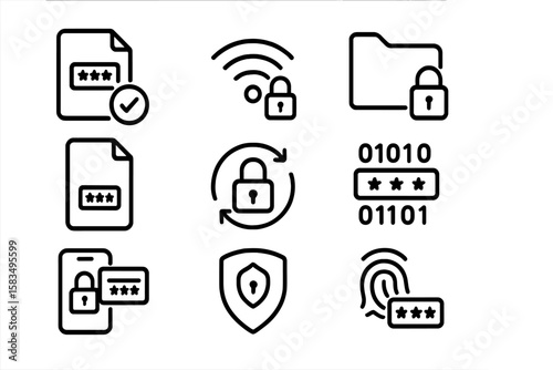Secure data icons: padlocks, fingerprint, encrypted files in modern linear style
