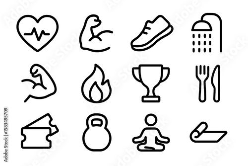 Fitness and wellness icons set: heart, muscles, shoe, shower, fire, trophy, yoga, kettlebell