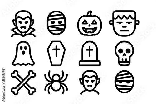 Spooky halloween icons set featuring classic monsters and symbols
