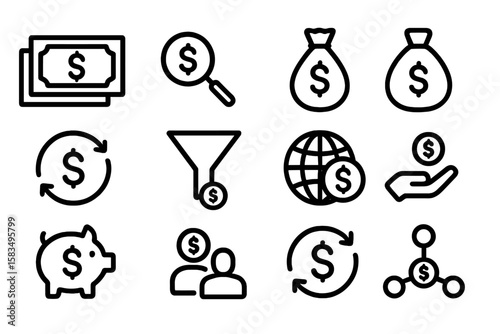 Minimalist money and finance icons set featuring dollar signs