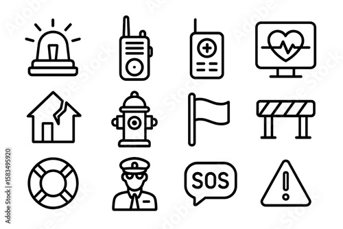 Emergency icons set featuring linear style symbols for safety and alert situations