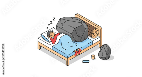 Man sleeping peacefully under a large boulder next to a smaller rock