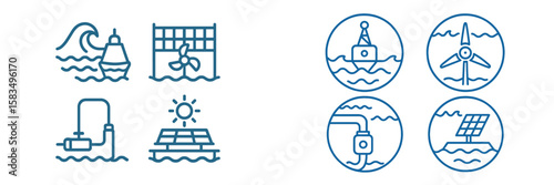 Innovative renewable energy icons showcasing ocean power, solar energy, and wind turbines in a clean and sustainable environment
