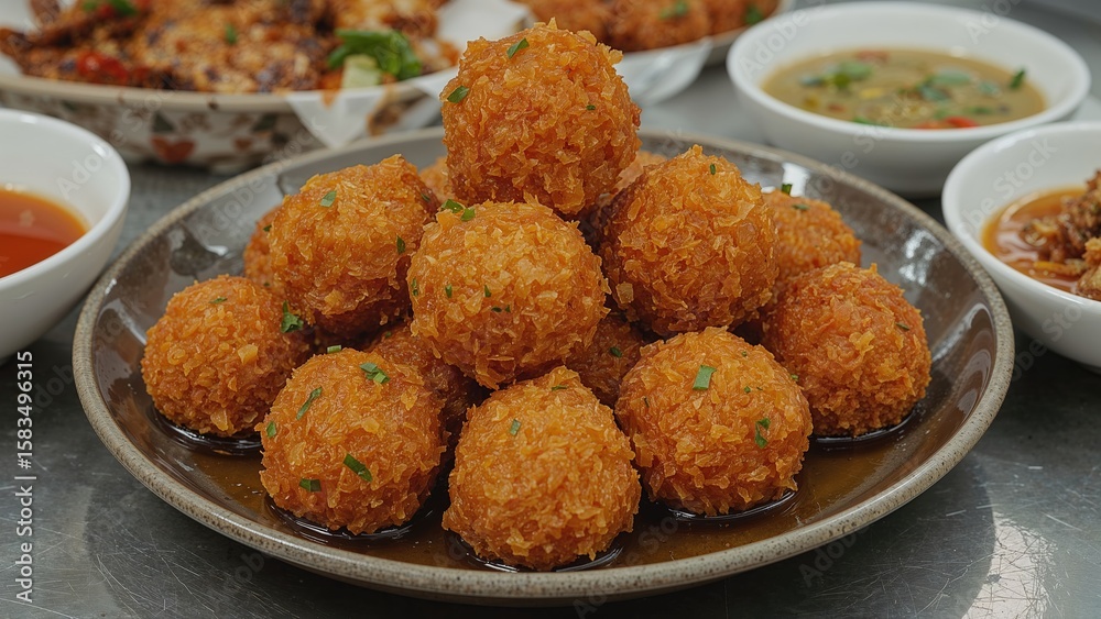 Deliciously fried fish paste bites paired with a flavorful sauce and colorful plating Deliciously fried fish paste bites paired with a flavorful sauce and colorful plating