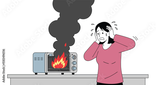 A woman reacts with shock and horror as her microwave catches fire releasing thick black smoke