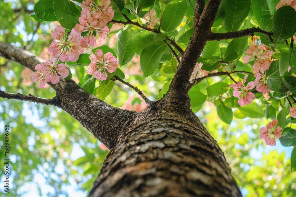 Fototapeta premium Blooming pink flowers on a tree with lush green leaves under blue sky in springtime