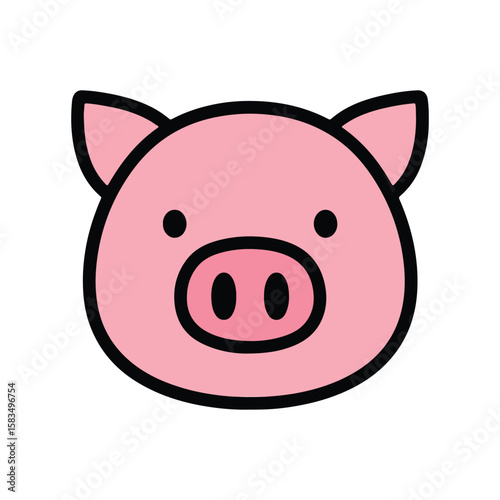 Cute cartoon pig illustration with pink piglet face smiling and happy on white background vector style